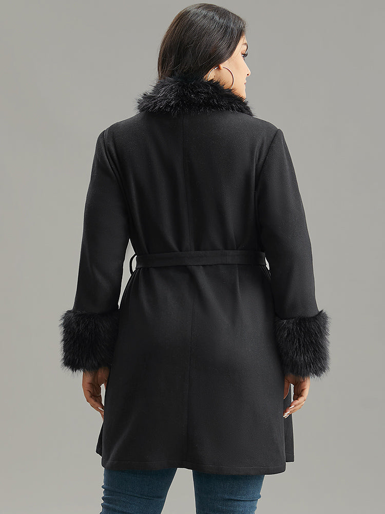 Solid Fuzzy Trim Button Through Belted Coat