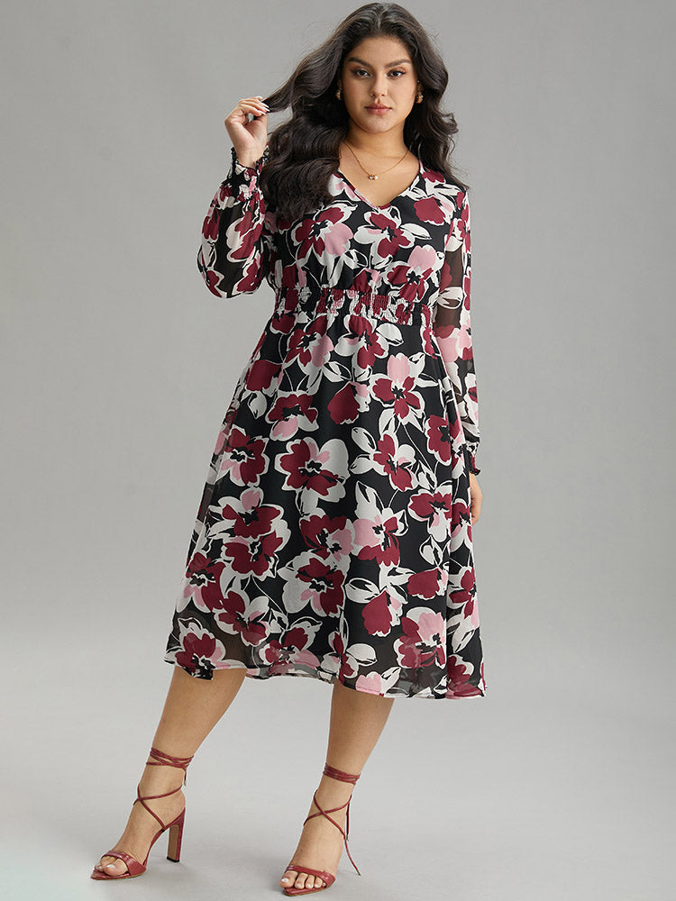 Floral Print Shirred Cuff Dress