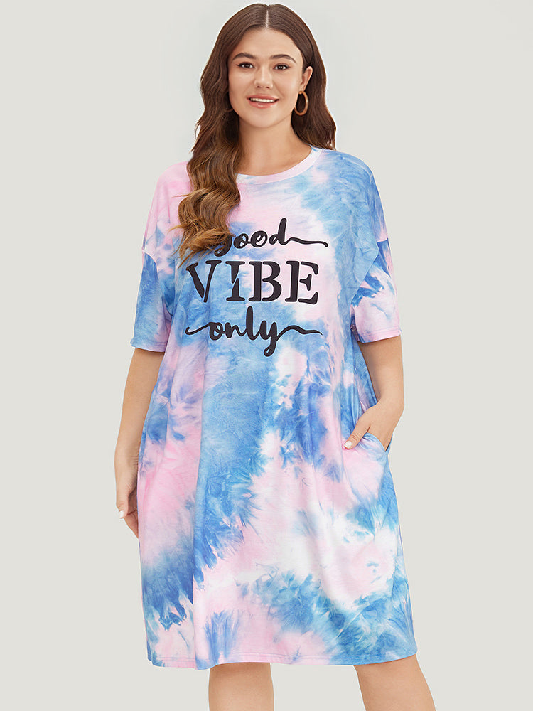 Letter Print Pocket Crew Neck Tie Dye Dress