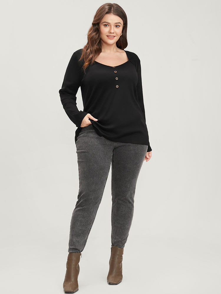 Solid Button Detail V Neck Long Tee