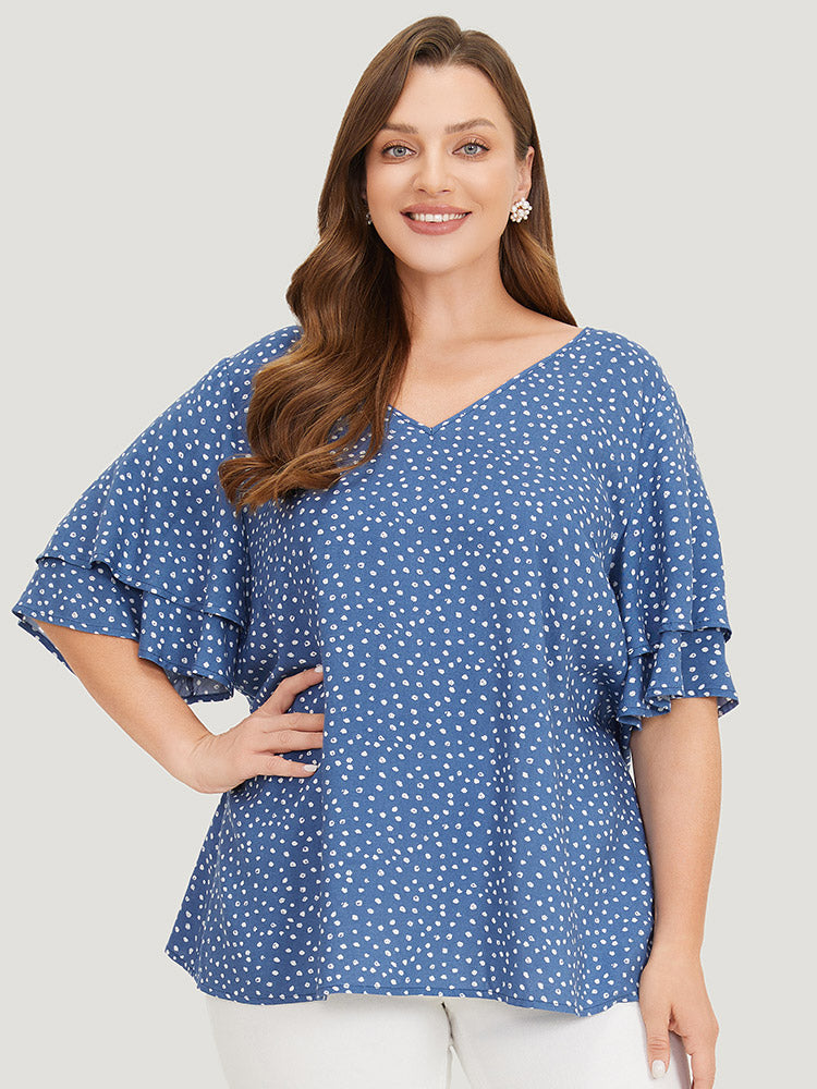 Polka Dot Flutter Sleeve Layered Blouse