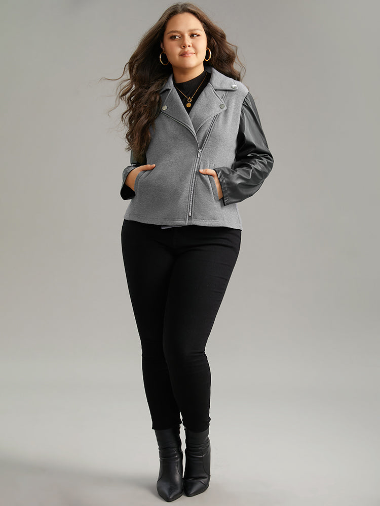 PU Leather Zipper Contrast Button Detail Jacket