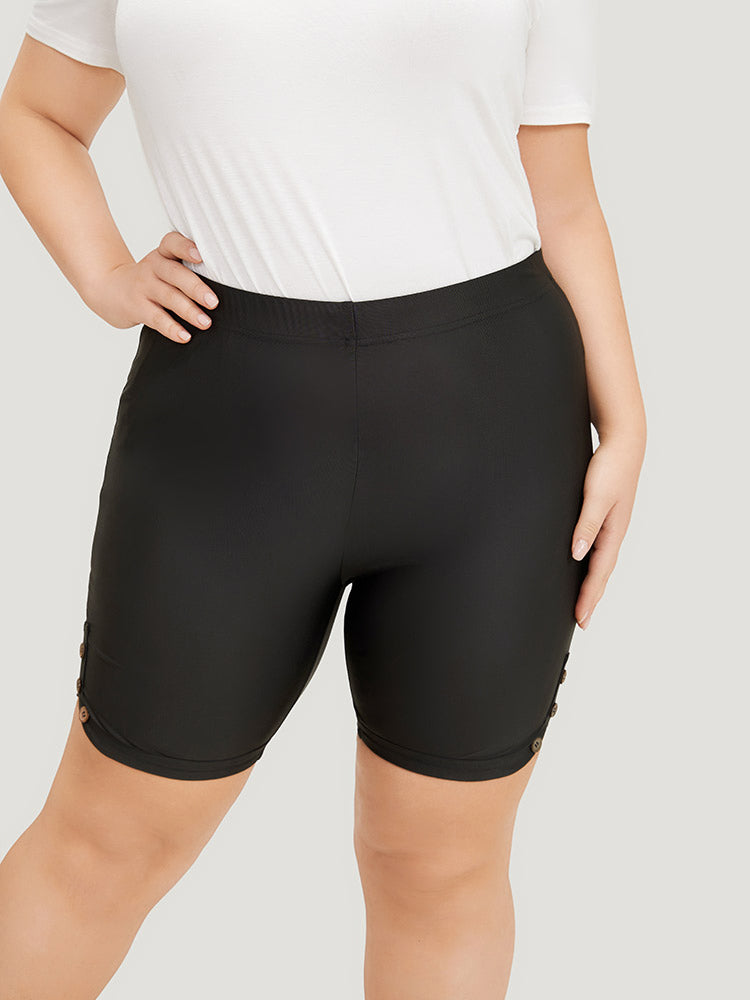 Plain Button Detail Dolphin Hem Leggings