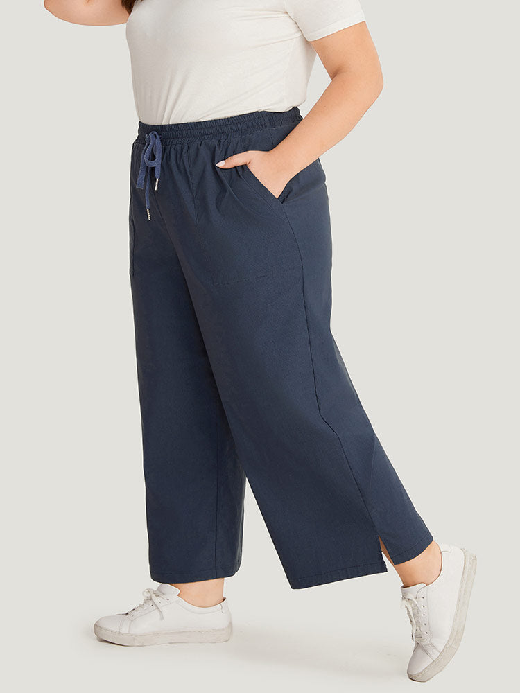 Plain Pocket Drawstring Split HemWide leg Pants
