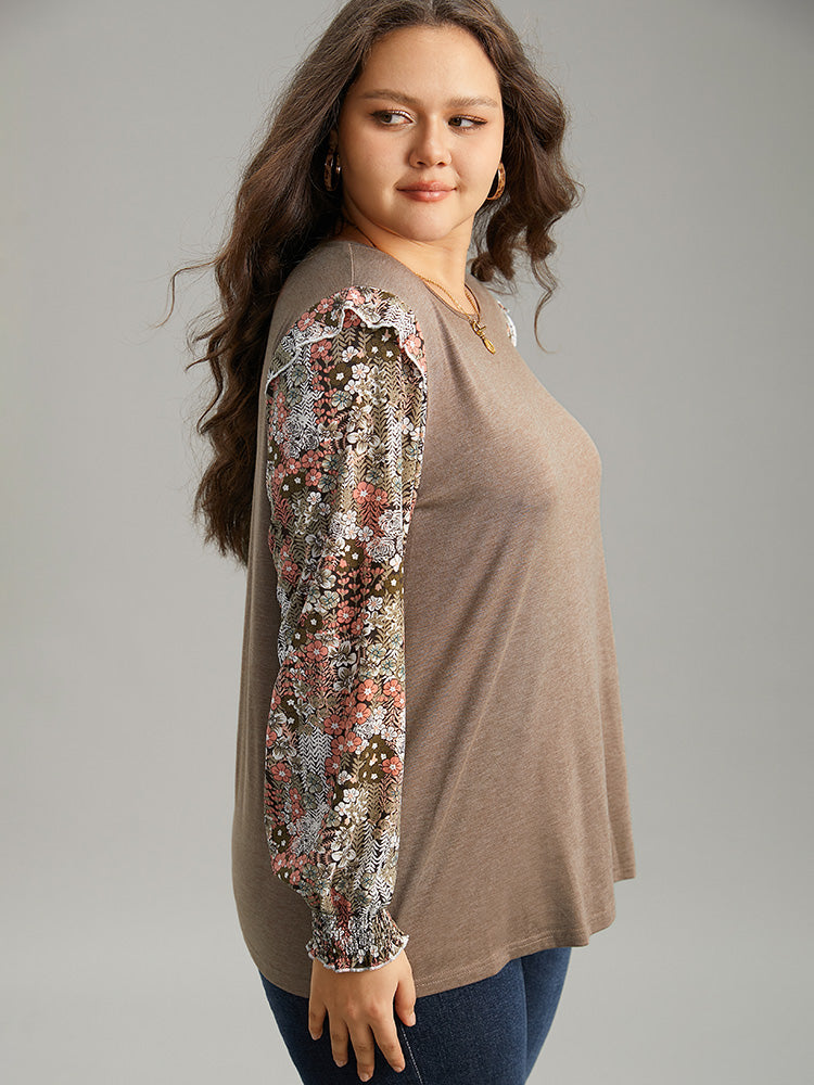 Floral Print Shirred Cuffs Ruffle Trim T-shirt