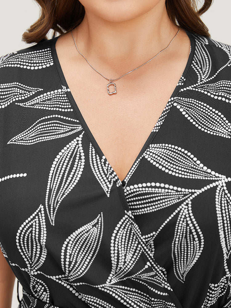 Plants Print Overlap Collar Belted Tank Dress