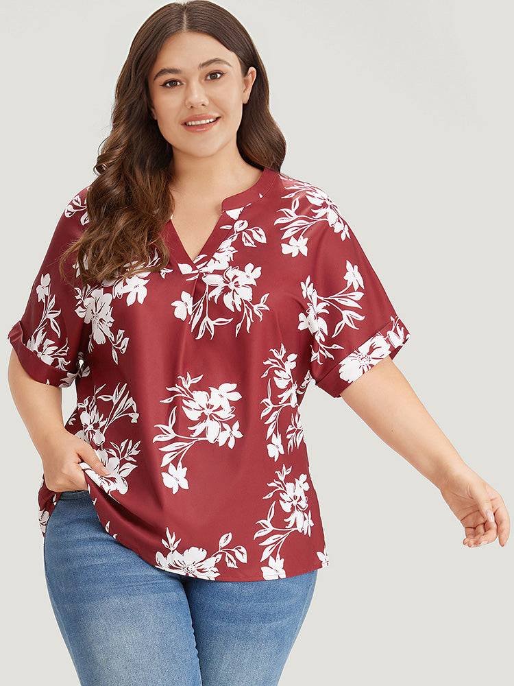 Silhouette Floral Print Notched Roll Sleeve Blouse