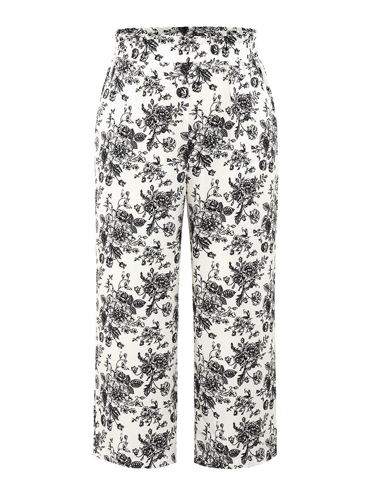 Floral Print Pocket Shirred Waist Pajama Bottoms