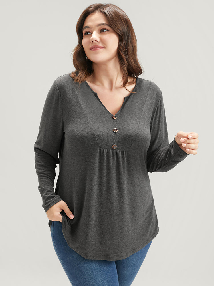 Solid V Neck Button Detail Long Tee