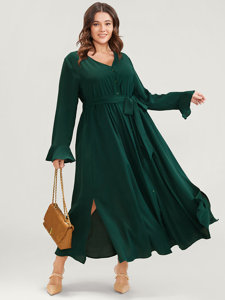 Solid V Neck Ruffled Button Detail Belted Split Maxi Dress – BloomChic