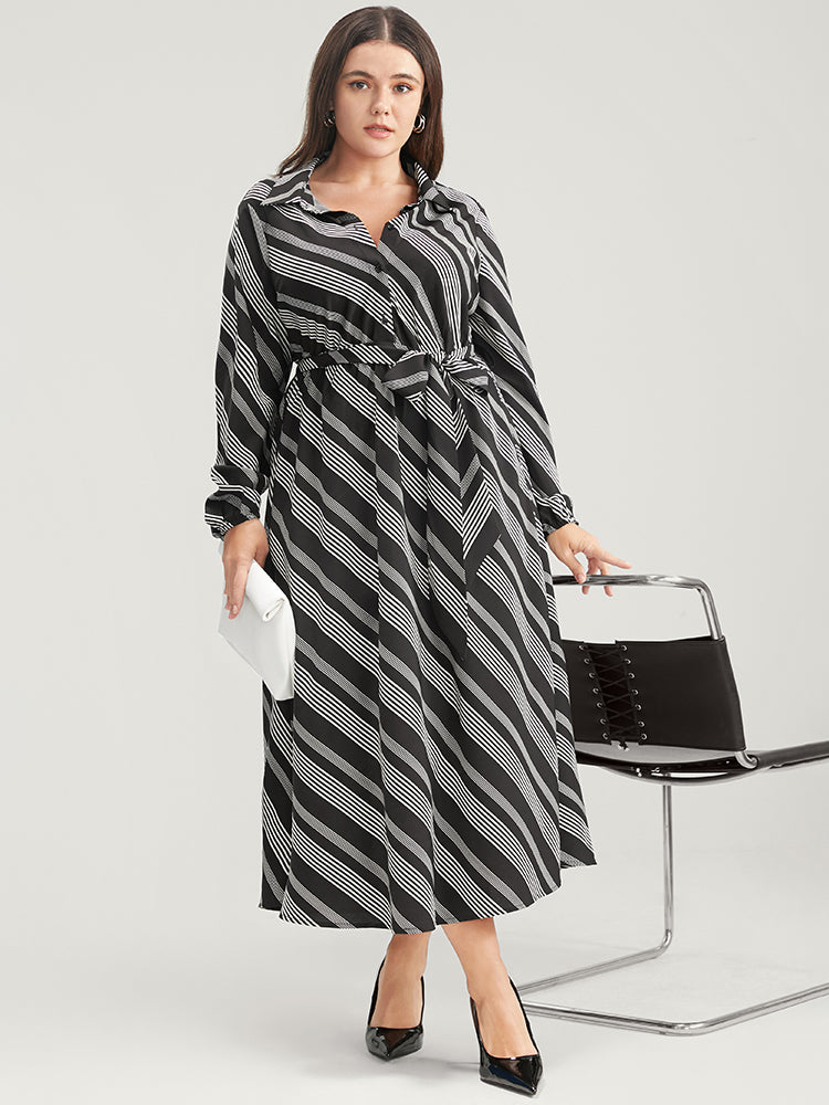 Striped Lantern Sleeve Pocket Belted Lapel Collar Dress