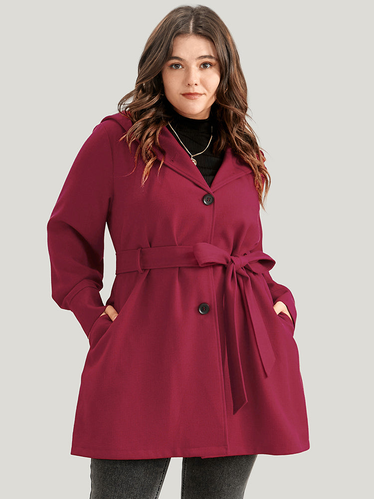 BloomChic Coats Solid Pocket Button Up Belted Hooded Coat