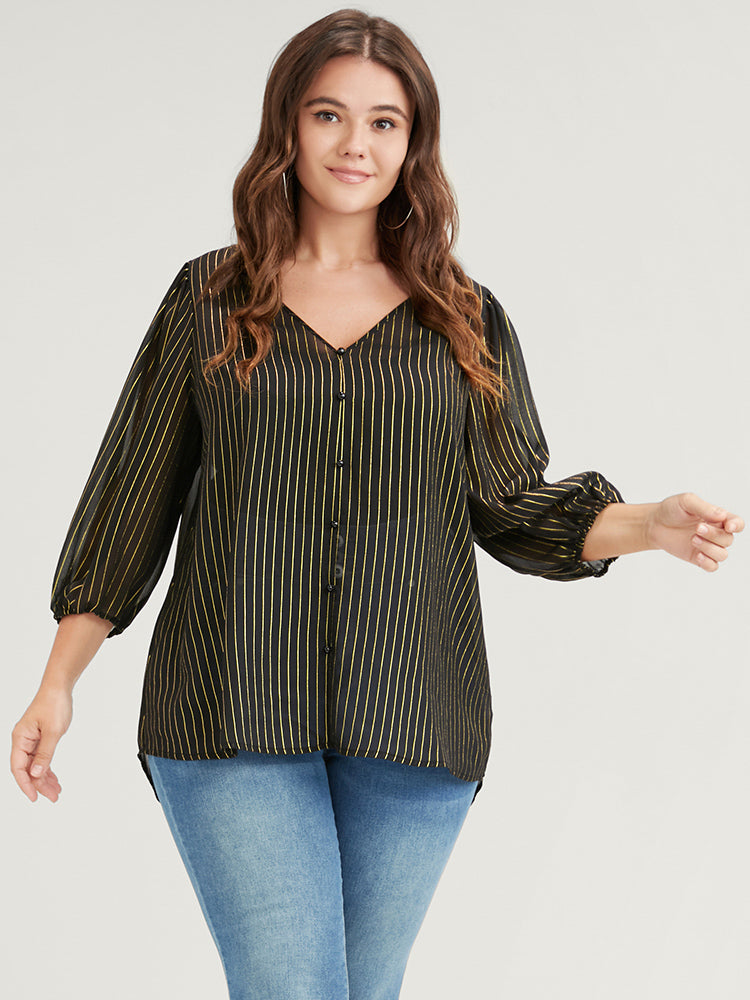 Striped Mesh Lantern Sleeve V Neck Blouse