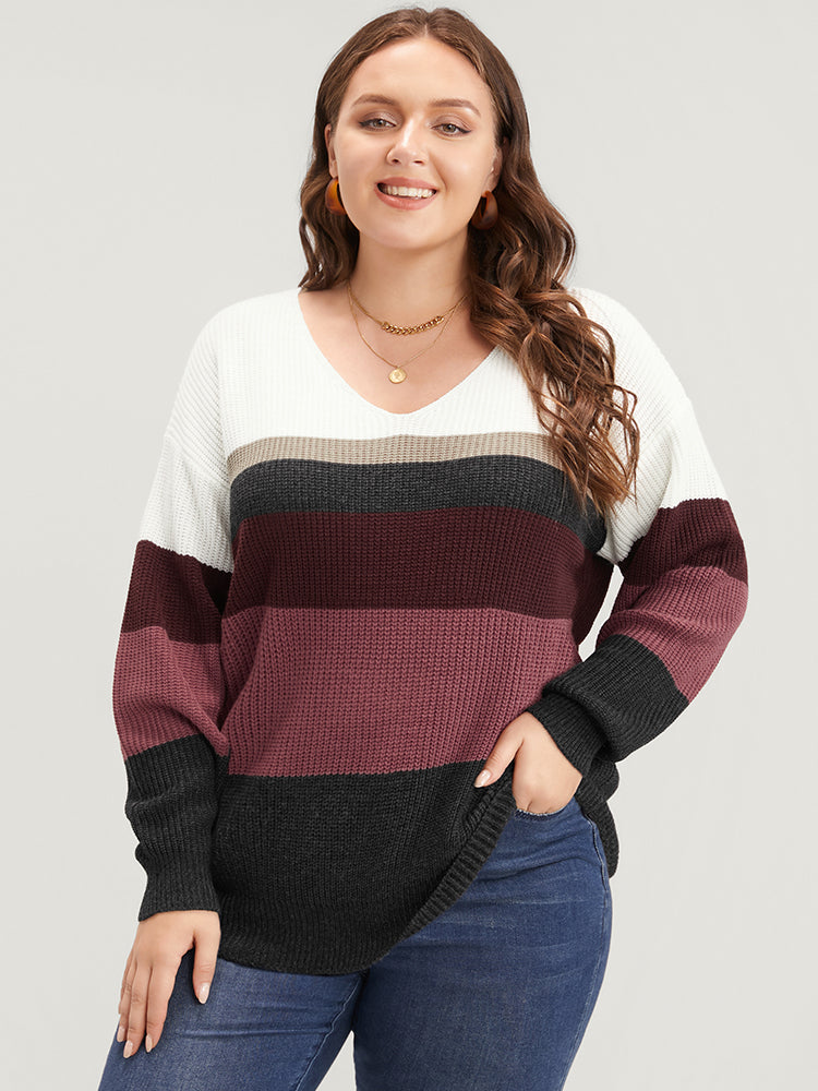 Color Block Pointelle Knit V Neck Contrast Knit Top BloomChic