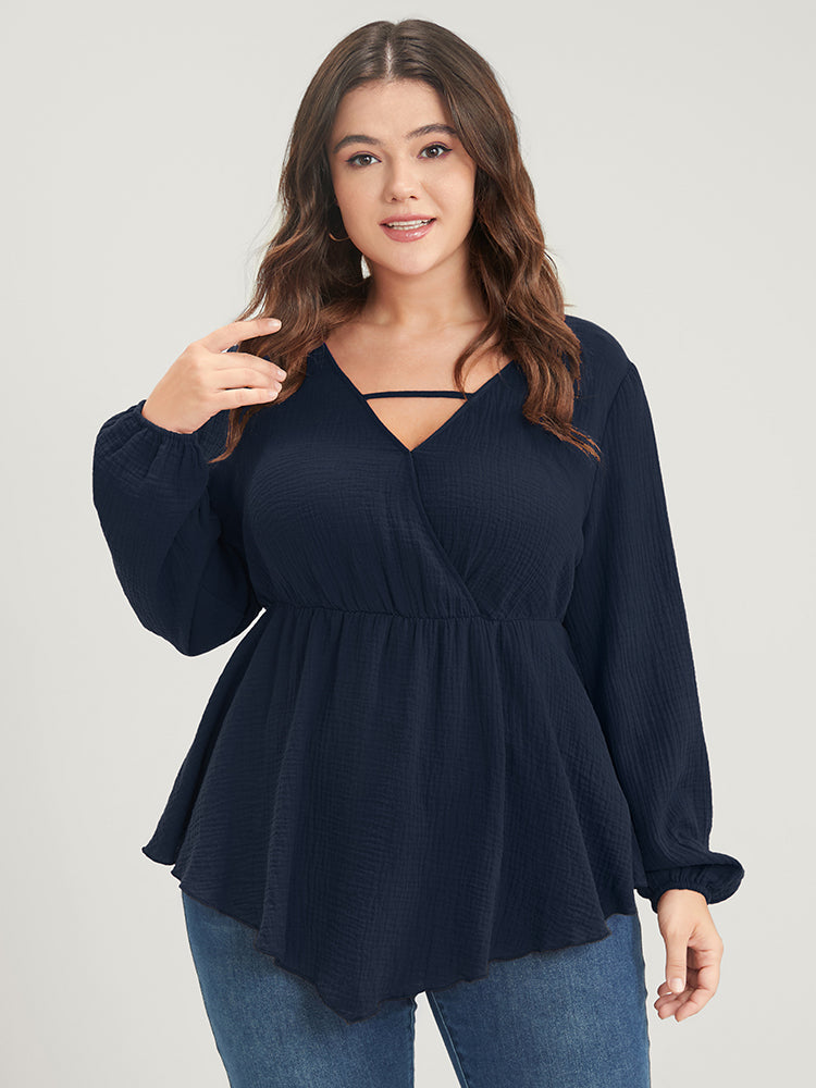 Solid Lantern Sleeve Asymmetrical Hem Wrap Blouse – BloomChic