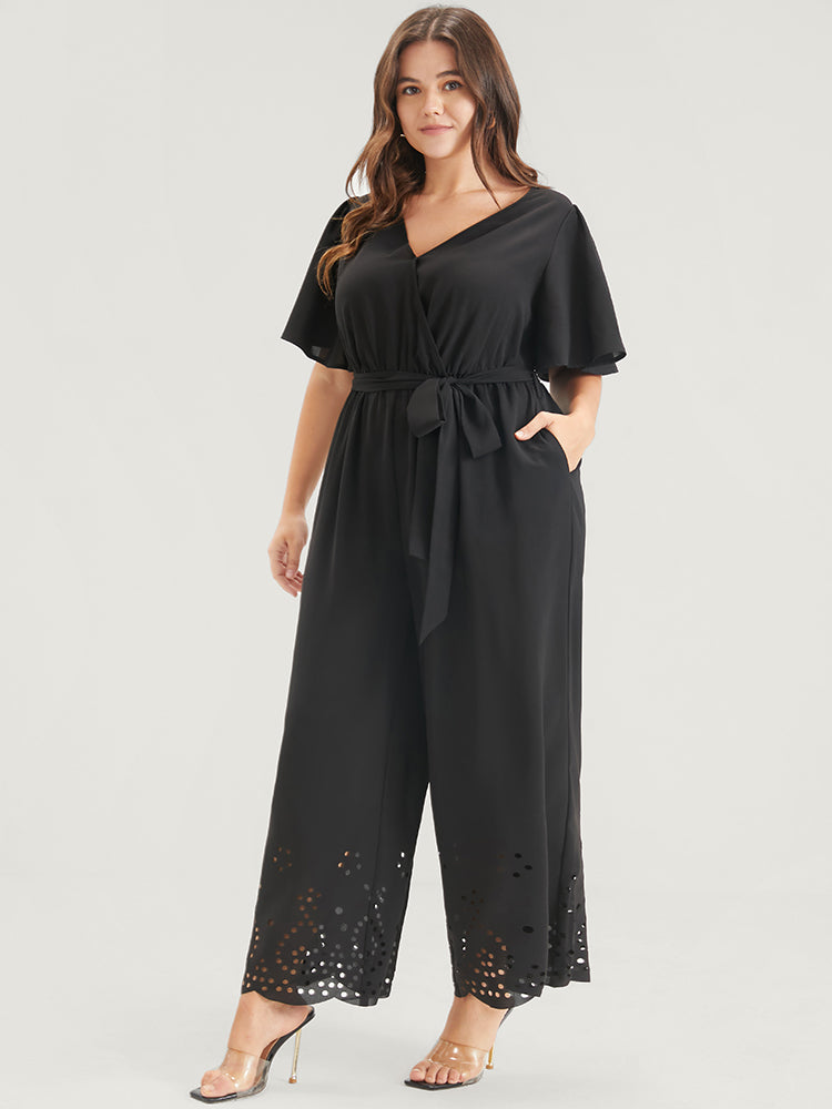 Plain Scalloped Pocket Ruffles Button Belted Laser Cut Wrap Jumpsuit ...