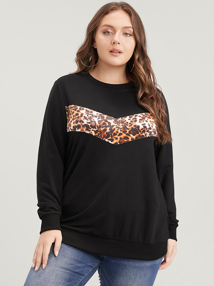Leopard Patchwork Round Neck Drop Shoulder Sweatshirt