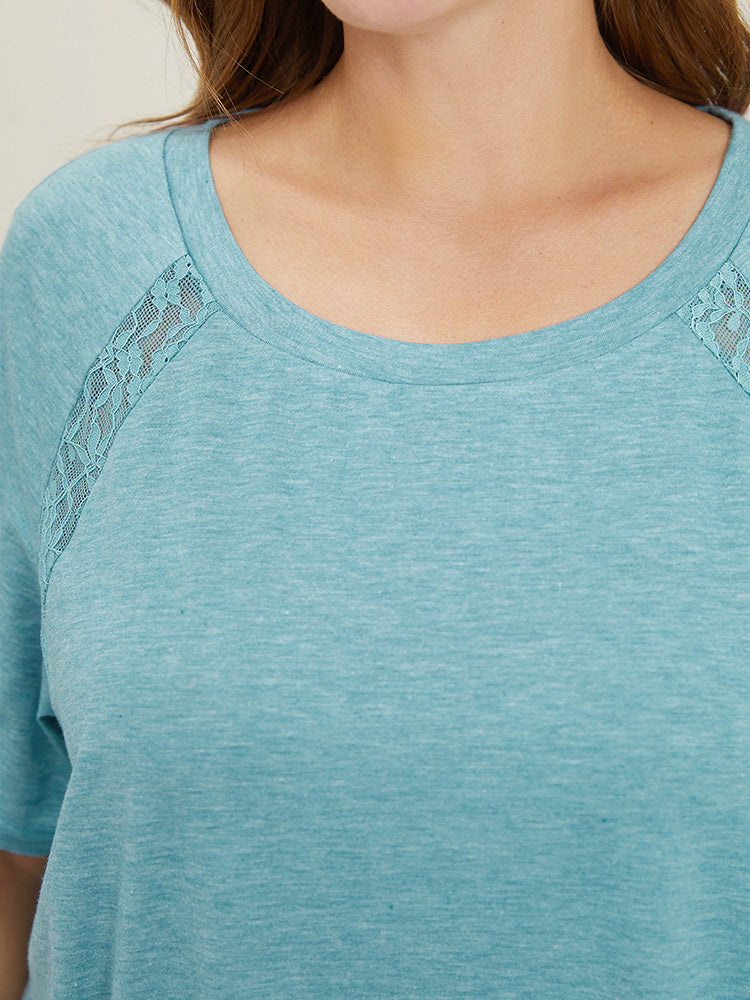 Sheer Lace Trim Curvy Hem Plain Pajama Top
