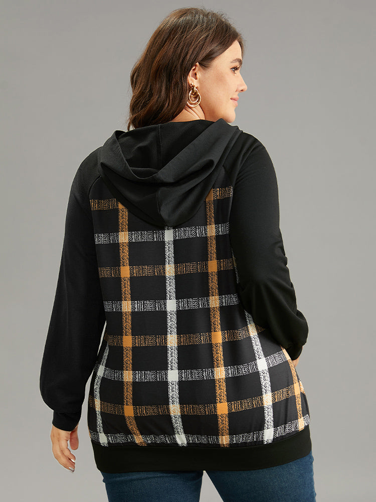 Plaid Contrast Raglan Sleeve Lace Up Hooded Sweatshirt