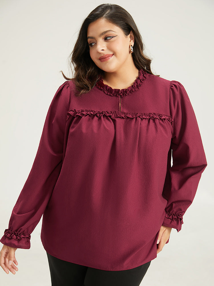 Solid Frill Trim Puff Sleeve Blouse