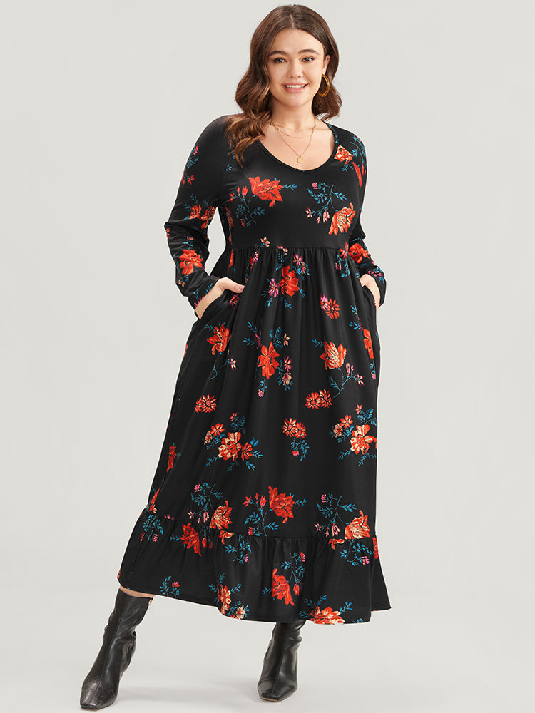 Floral Print V Neck Pocket Flutter Hem Dress Without Belt