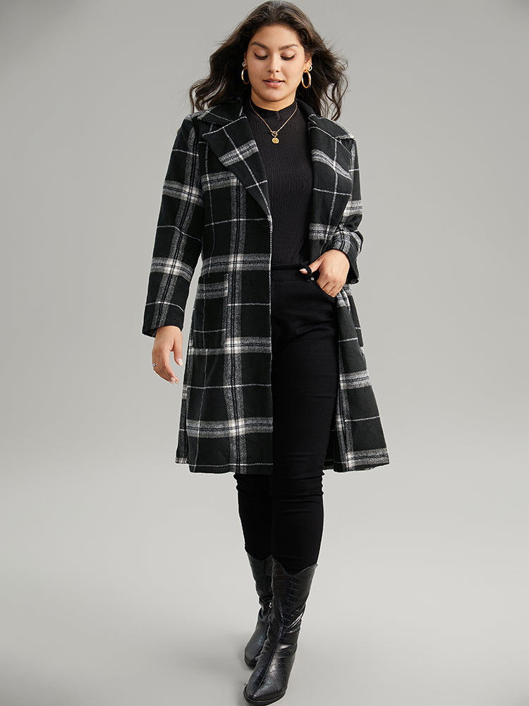 Lapel Collar Plaid Belted Contrast Coat