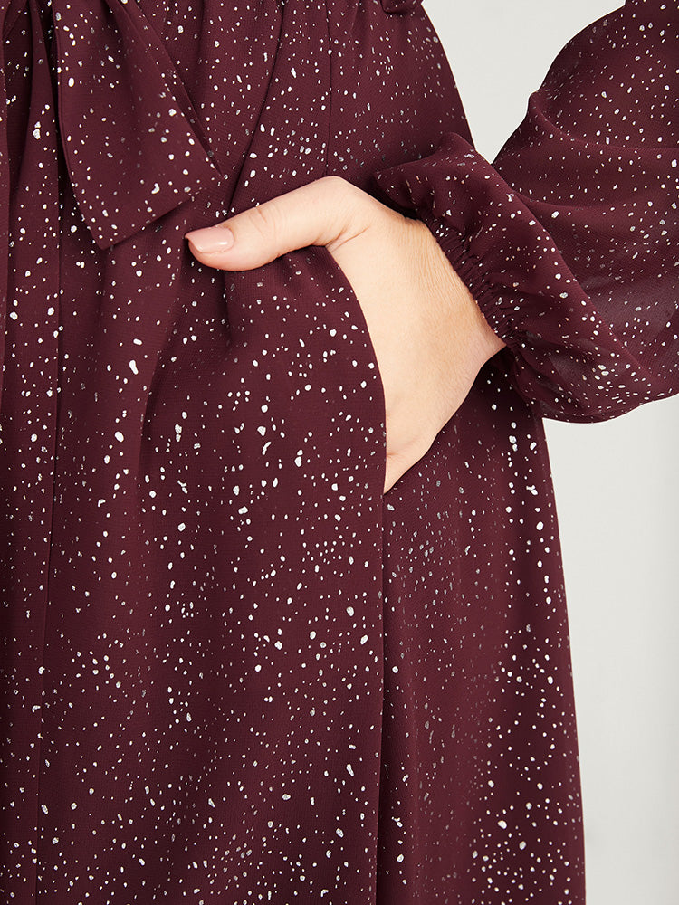 Polka Dot Wrap Lace Trim Lantern Sleeve Pocket Belted Dress