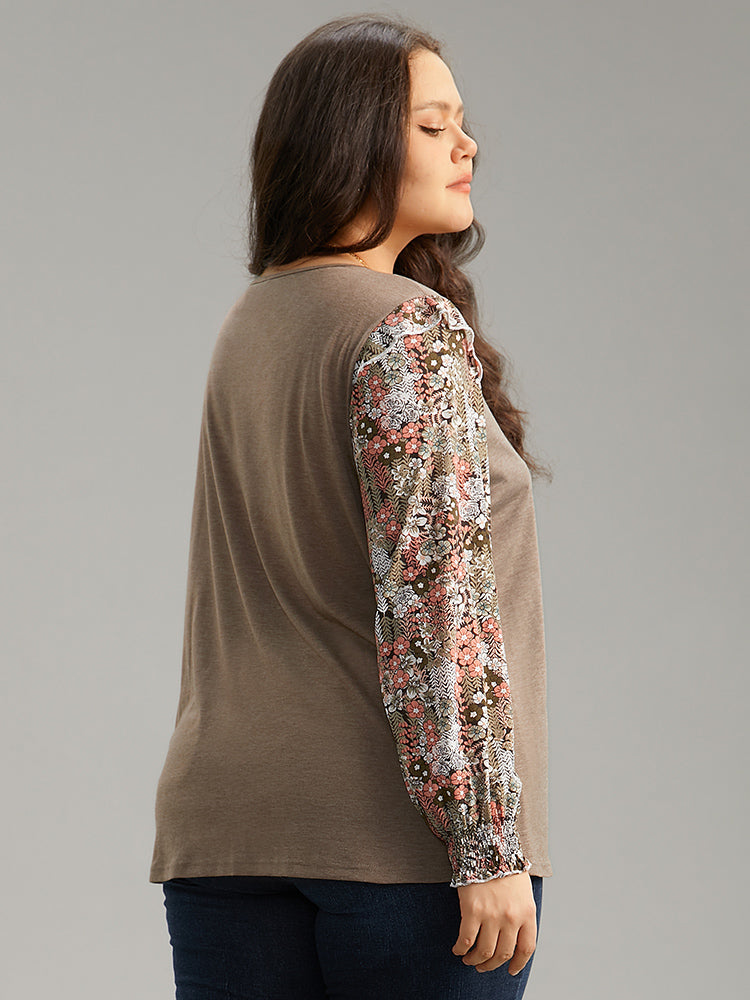 Floral Print Shirred Cuffs Ruffle Trim T-shirt