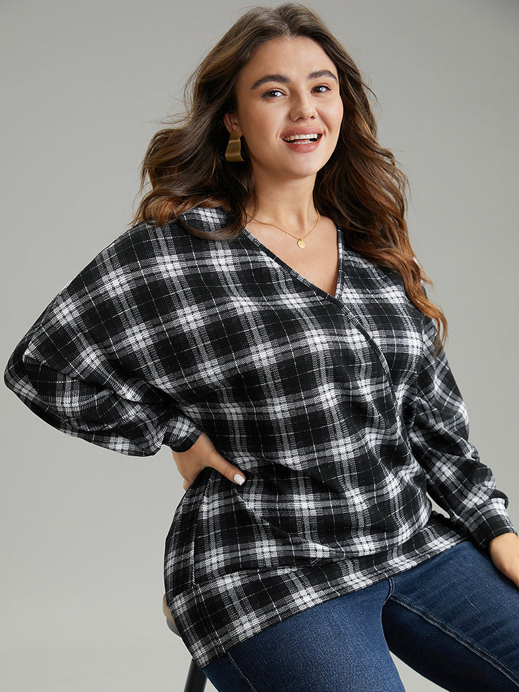Plaid Overlap Collar Long Sleeve Sweatshirt