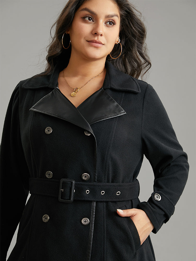 PU Leather Patchwork Lapel Collar Double Breasted Belted Coat