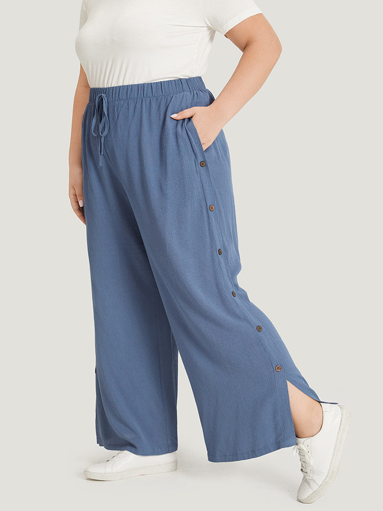 Plain Pocket Split Hem Ties Button Detail Pants