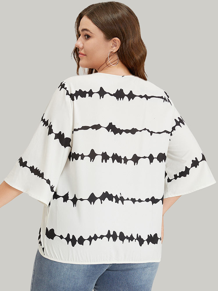 Striped Tie Dye V Neck Gathered Blouse