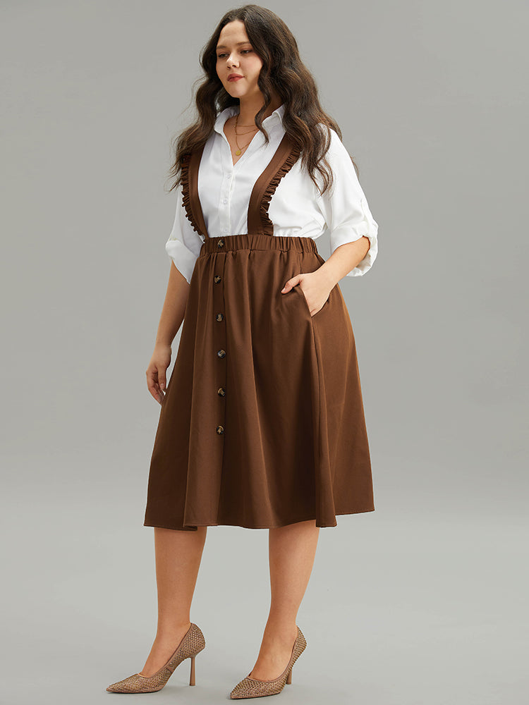 Elastic Waist Button Detail Frill Trim Overall Skirt