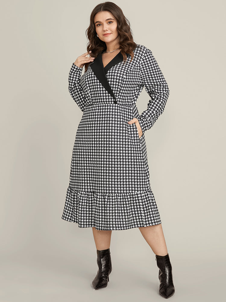 Contrast Trim Suit Collar Pocket Ruffle Hem Houndstooth Dress