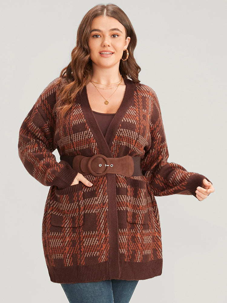 Tartan Contrast Pointelle Knit Pocket Open Front Cardigan