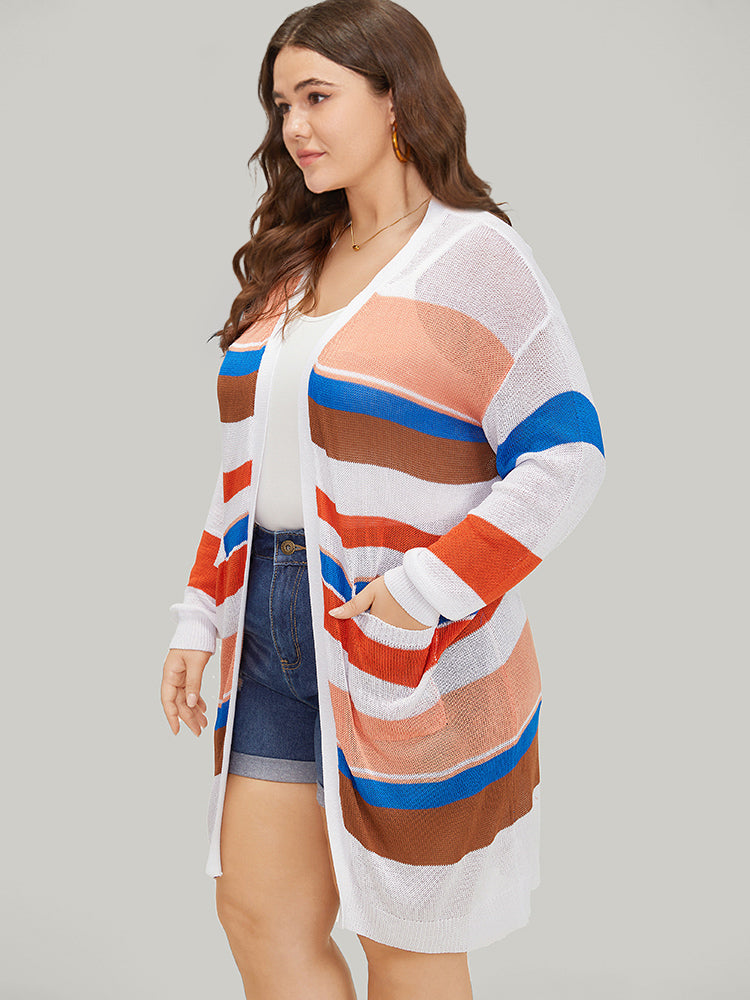 Colorblock Contrast Pocket Tunic Open Front Cardigan