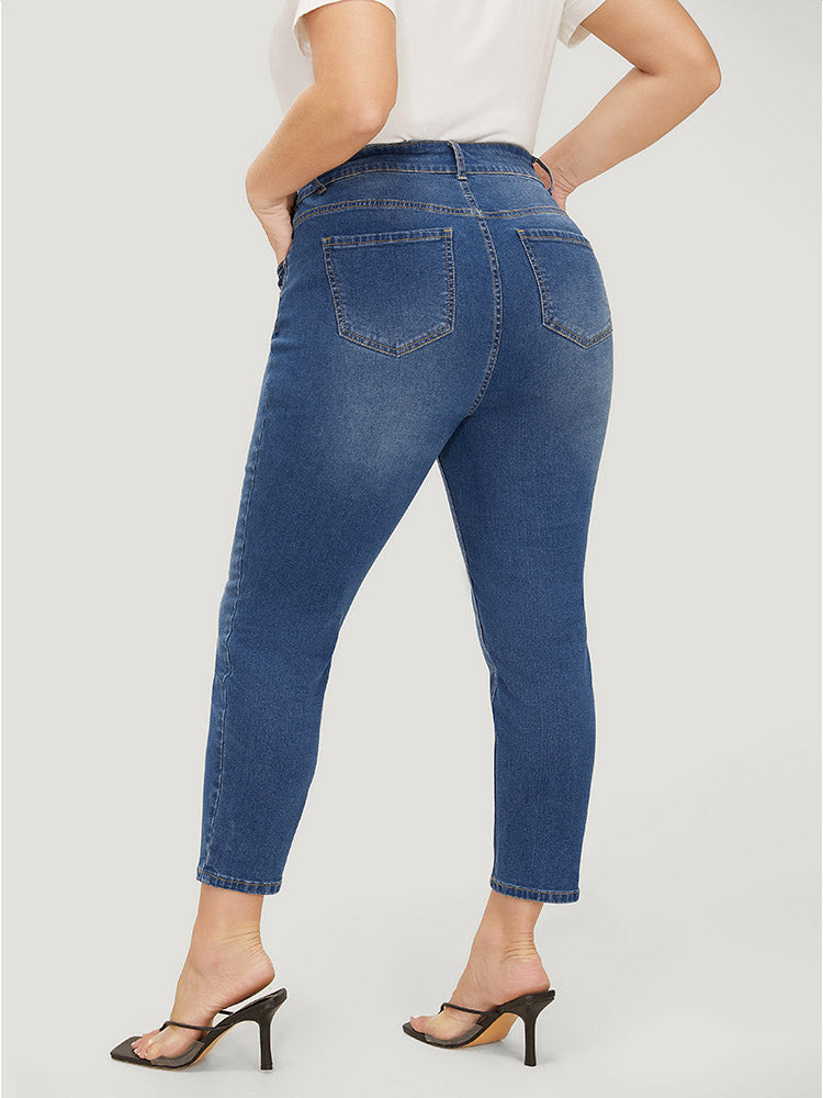 Very Stretchy High Rise Medium Wash Patched Patchwork Jeans