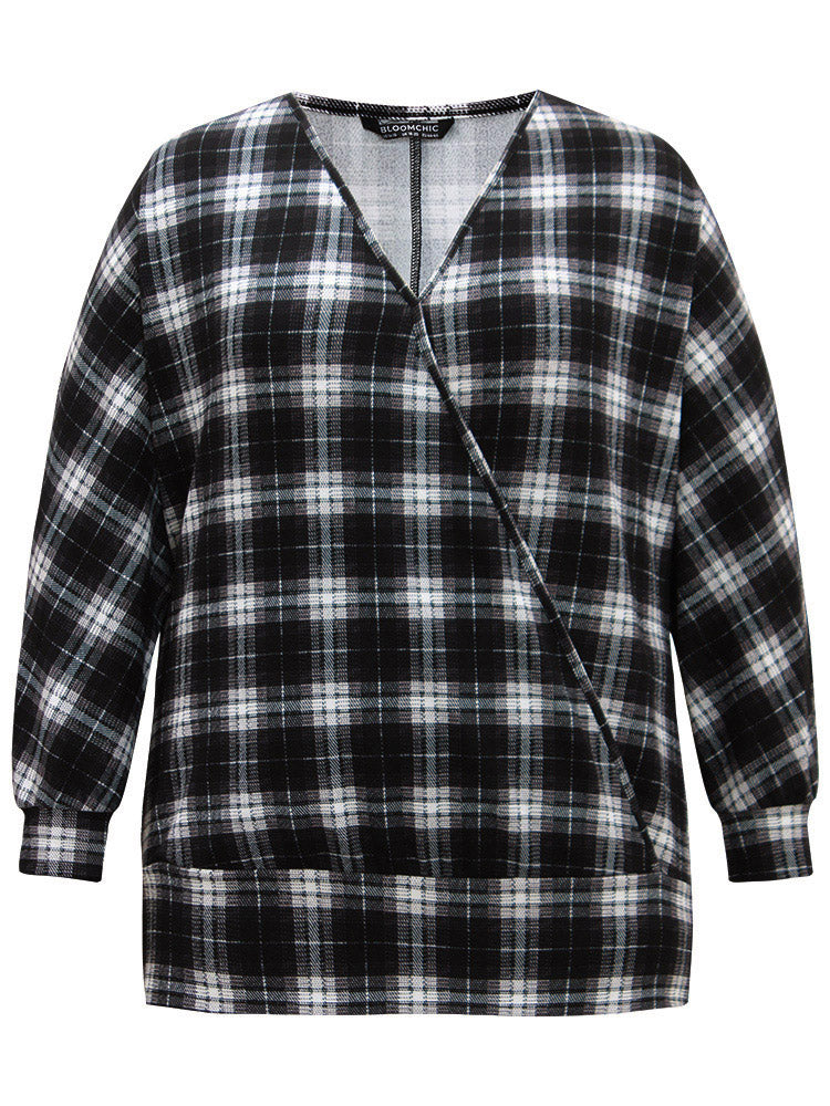 Plaid Overlap Collar Long Sleeve Sweatshirt
