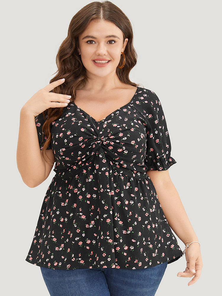 Ditsy Floral Twist Front Puff Sleeve Blouse – BloomChic