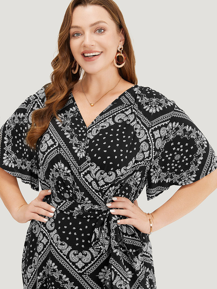 Paisley Print Pocket Belted Wrap Flutter Sleeve Dress