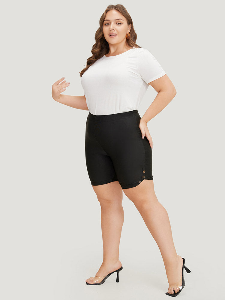 Plain Button Detail Dolphin Hem Leggings