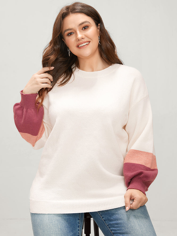 Colorblock Contrast Soft Pointelle Knit Lantern Sleeve Knit Top