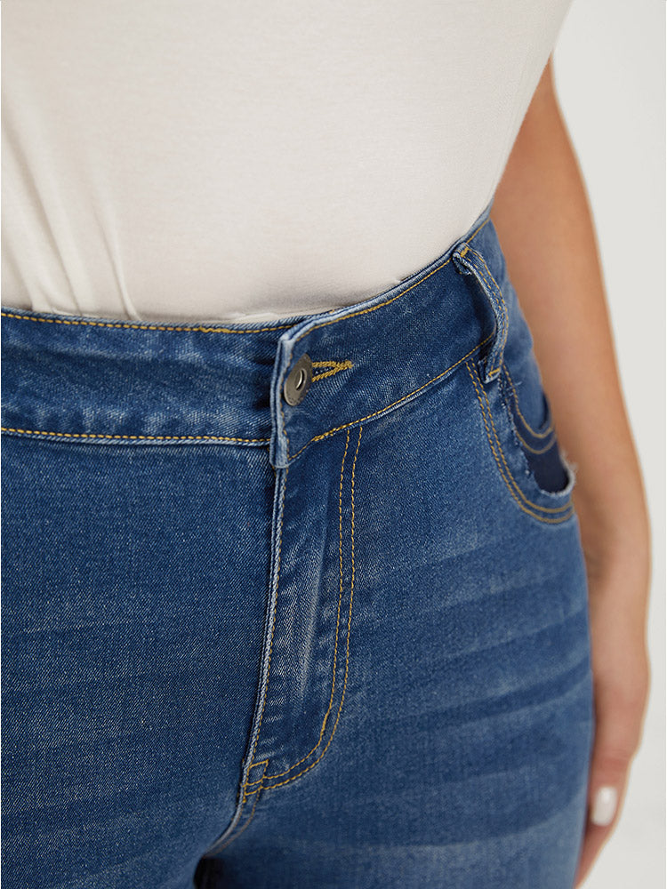 Very Stretchy High Rise Medium Wash Patched Patchwork Jeans