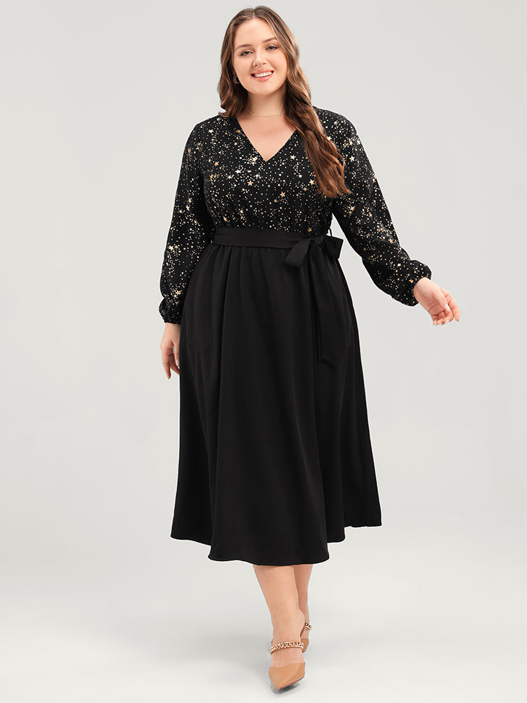 Star Print V Neck Pocket Lantern Sleeve Belted Midi Dress