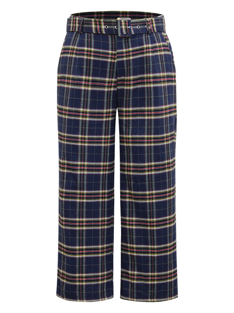 Plaid Pocket Eyelet Belted Straight Leg Pants – BloomChic