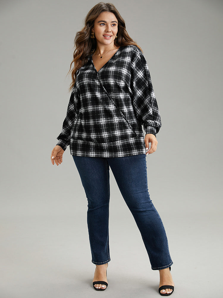 Plaid Overlap Collar Long Sleeve Sweatshirt
