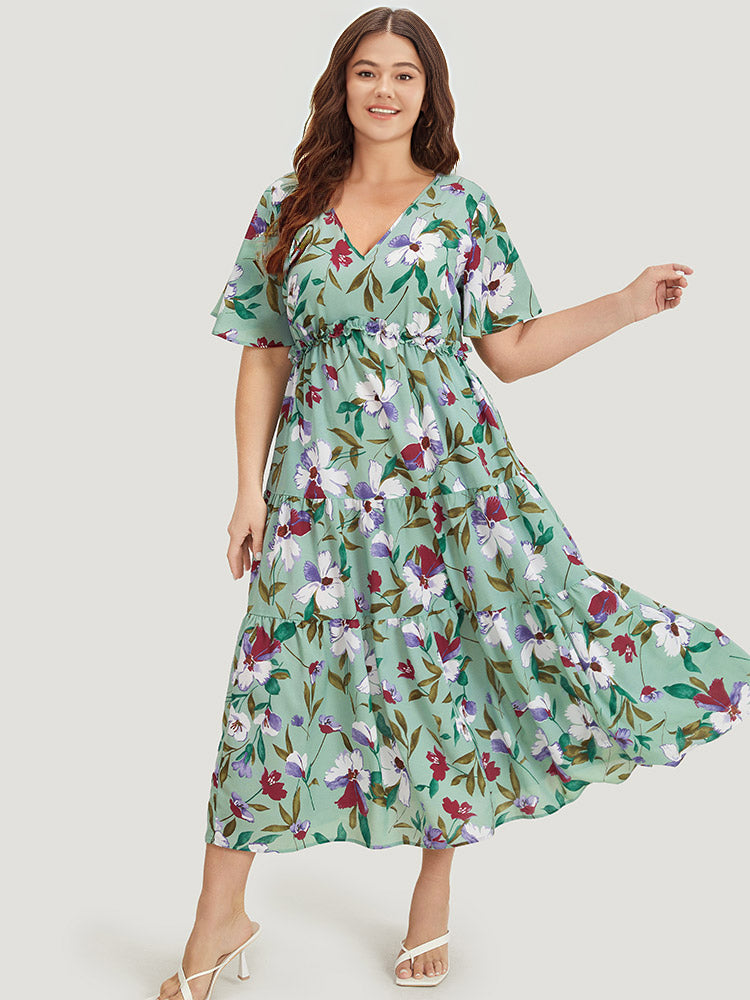 Floral Print Pocket Frill Trim Ruffle Layered Hem Dress BloomChic