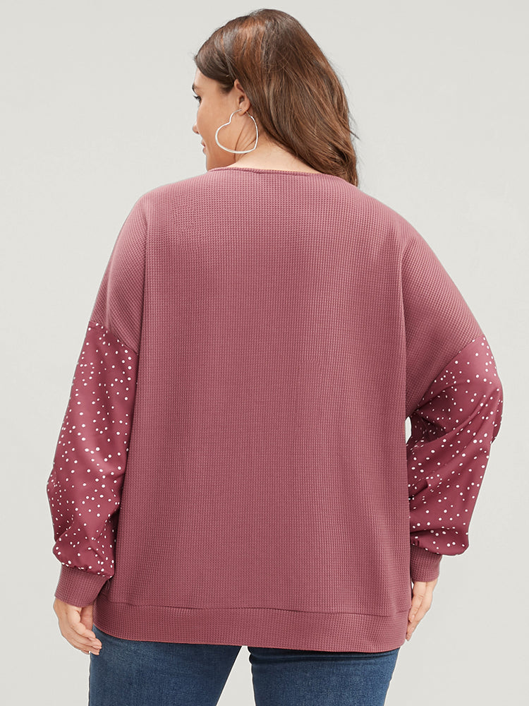 Polka Dot Patchwork Wrap Waffle Knit Sweatshirt