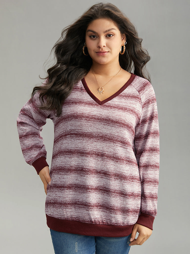 Striped Ombre Rib Knit Elastic Cuffs Sweatshirt
