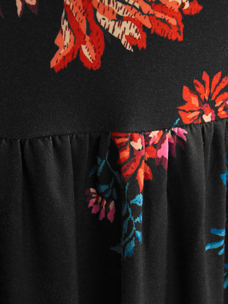 Floral Print V Neck Pocket Flutter Hem Dress Without Belt